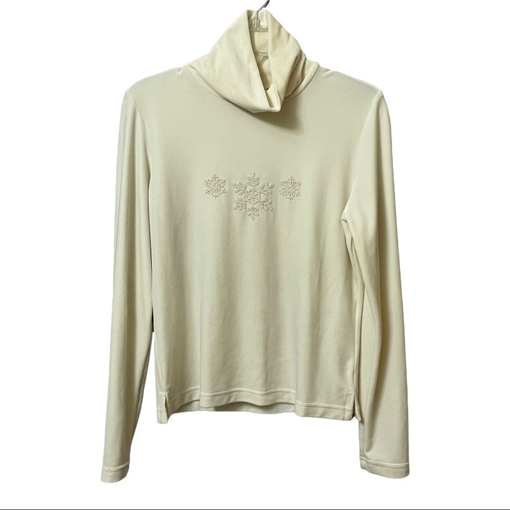 𝅺SNOskins cream micro velour cowl neck sweater with 3 glitter snowflakes Medium